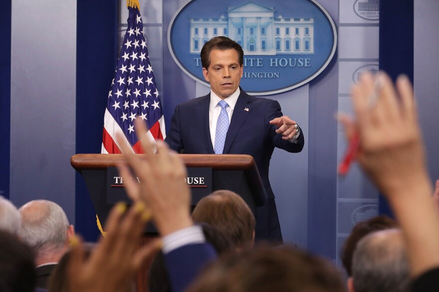 Incoming White House communications director Anthony Scaramucci answers reporters' questions during the daily White House press briefing on Friday.