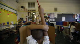 A student raises his hand at Isaac Sheppard School in Philadelphia. (Jessica Kourkounis/For Keystone Crossroads)