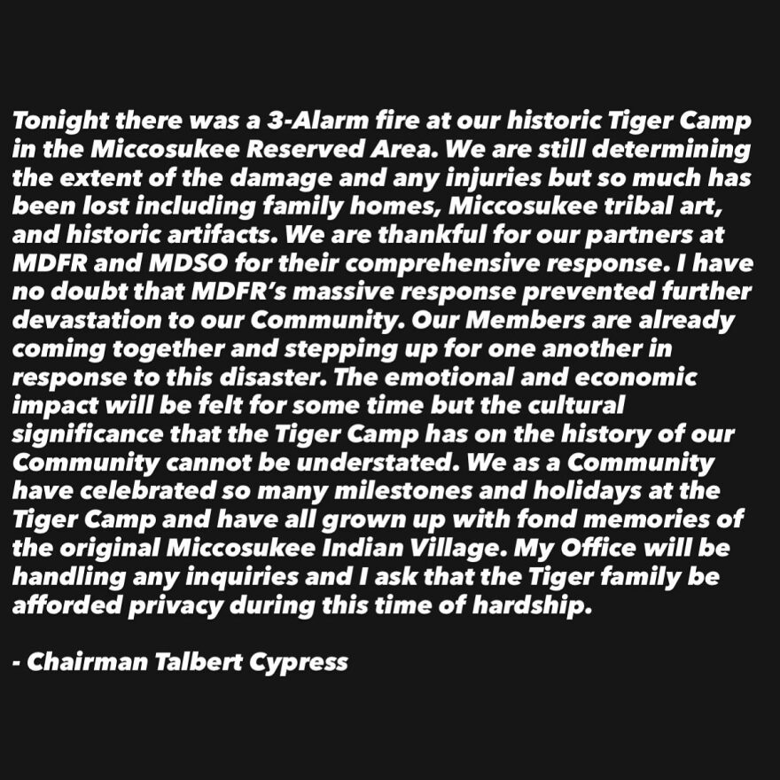 Statement by Miccosukee Tribal Chief Talbert Cypress