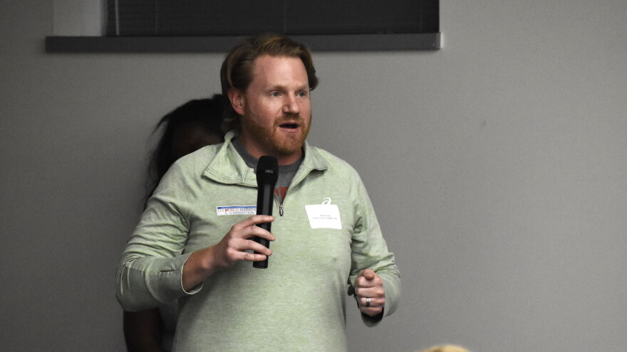 Columbus City Council member Rob Dorans speaks at a Franklin County Democratic Party meeting on September 22, 2026.