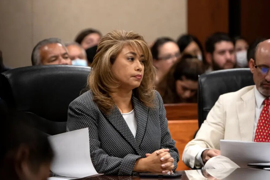 El Paso County District Attorney Yvonne Rosales listens to District Judge Sam Medrano at a July 1 hearing on the Walmart shooting case.