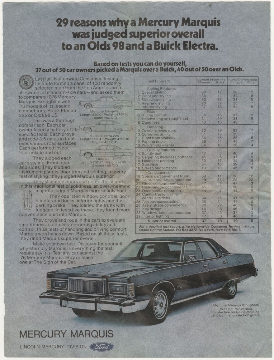 An advertisement touting the advantages of the 1976 Mercury Marquis.