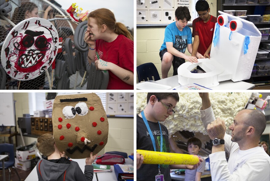 (Top left) Abigail Morris fastens the alarm clock monster to the sculpture. (Top right) Sean Morris and Rithik Kavanakudy work on the toilet swirly monster. (Bottom right) Evan Carriker listens to Mr. G as they discuss how the broken pencil will be attached. (Bottom left) Clayton Rogers holds up the pimple monster.