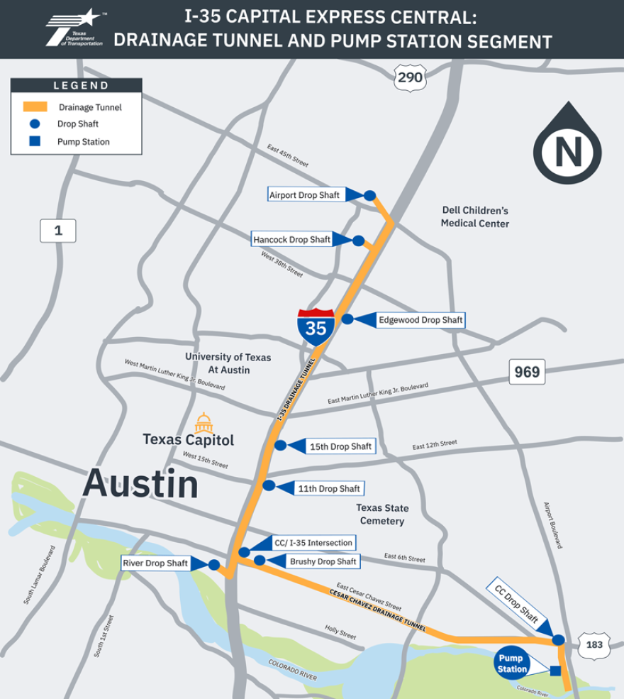 A map depicting the I-35 drainage tunnel and pump station. The map shows a new drainage tunnel running along I-35 from Airport Boulevard to Holly Street and then east along Cesar Chavez Street to a pump station near US 183. Various drop shafts are marked along the route, including at Airport Boulevard, the Hancock Center, Edgewood Avenue, 15th Street, 11th Street, River Street, Brushy Street and Cesar Chavez Street.