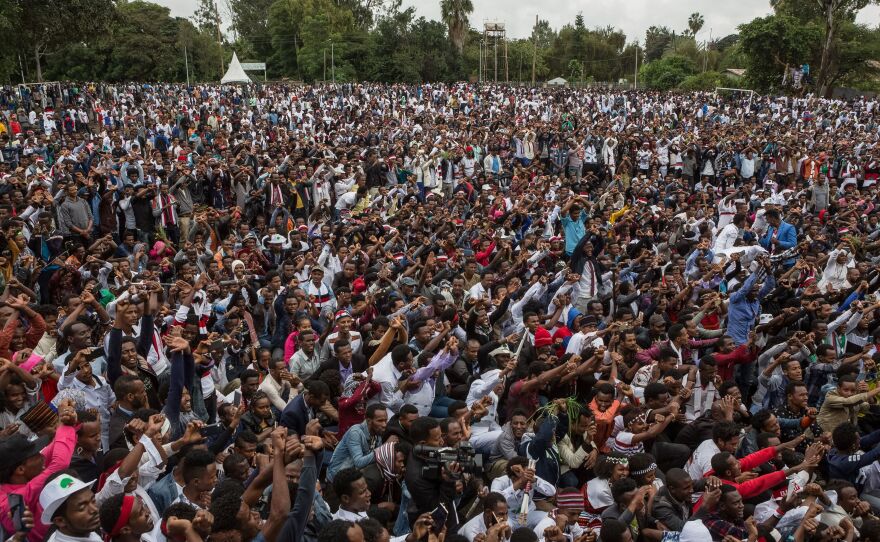 People protest against the Ethiopian government during an Oromo festival in October 2017. Anti-government protests by young Oromo men began in 2015 and helped spur political change.