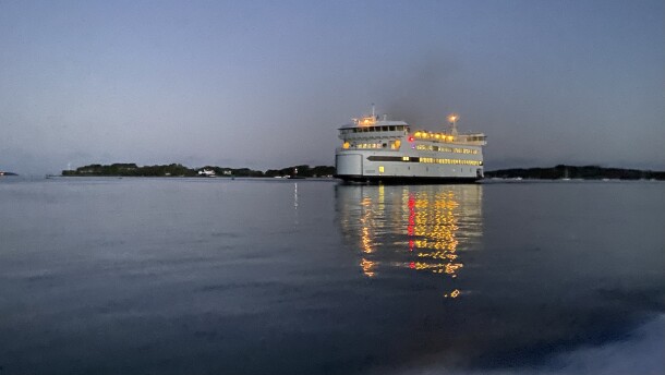 Steamship Authority ferry departing Woods Hole before dawn this week.