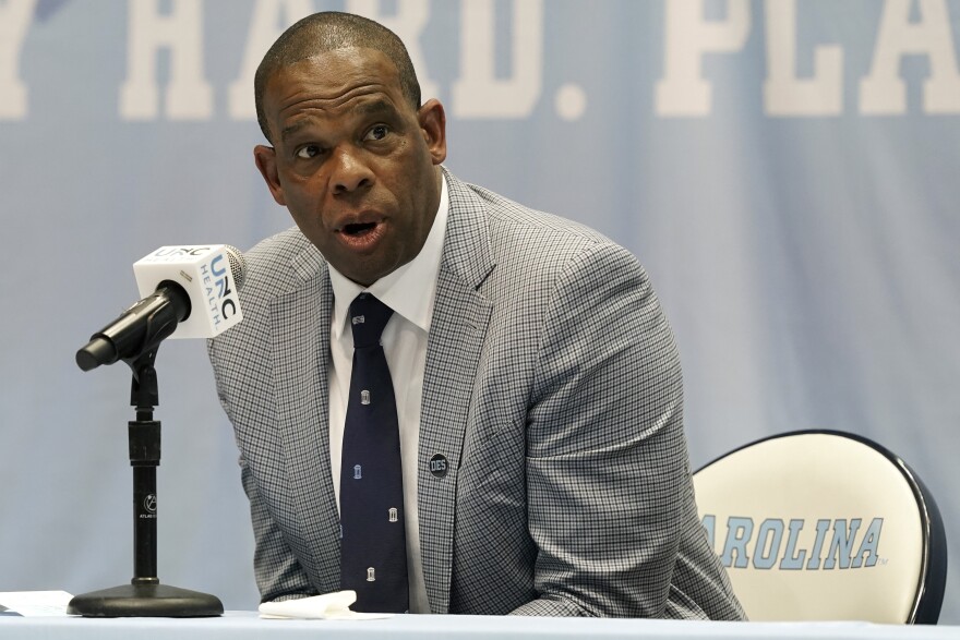 North Carolina coach Hubert Davis makes comments during a news conference at the University of North Carolina in Chapel Hill, N.C., Tuesday, April 6, 2021, after being introduced as the Tar Heels' new NCAA men's basketball coach following the retirement of Roy Williams.