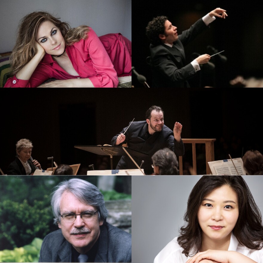 clockwise, from upper left: Kristine Opolais (credit Tatyana Vlasova); Gustavo Dudamel (LA Philharmonic); Andris Nelsons (credit Marco Borggreve); Shi-Yeon Sung (courtesy of the artist); John Harbison (courtesy of the artist)