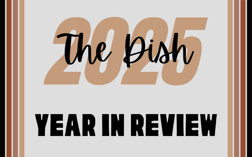 A graphic with the text “2025” in large rainbow numbers across the center. Overlaid in black script is the phrase “The Dish.” Below, in bold black block letters, it reads “Year in Review.” The background is light gray with vertical stripes of black, brown, and grey-orange along the left and right edges.