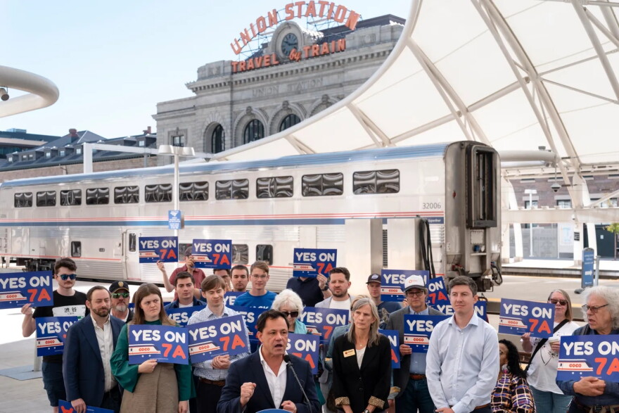 Michael Ferrufino, president and CEO of the Hispanic Chamber of Commerce of Metro Denver, speaks at a launch rally for the Yes on 7A campaign supporting Proposition 7A at Union Station Sept. 10, 2026, in Denver. The campaign supports funding for the Colorado Connector, a proposed regional passenger rail service connecting communities along the Front Range.