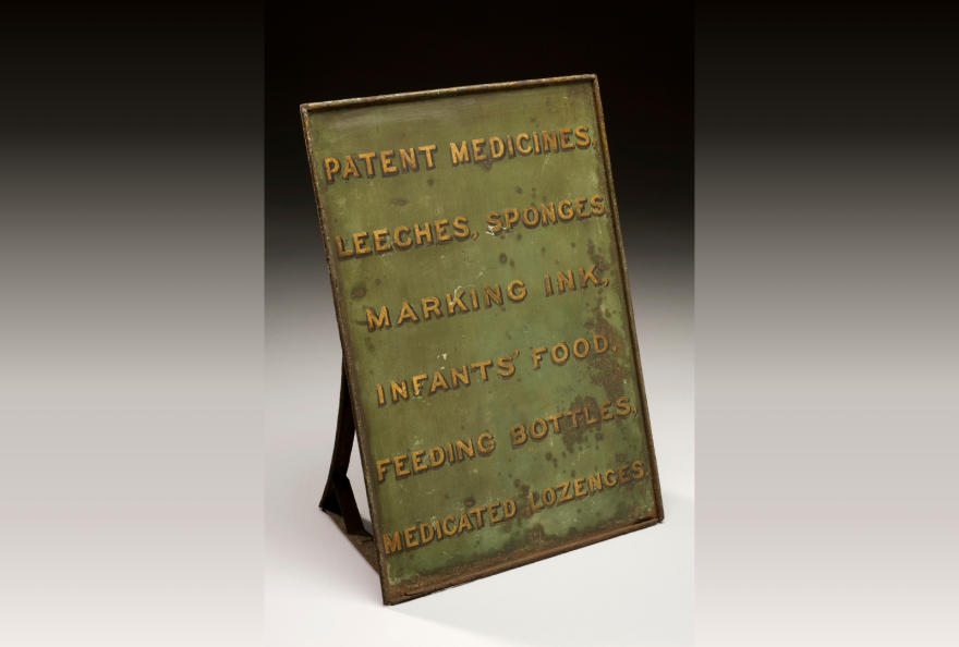 Leeches have been used around the world over centuries as a medical treatment. This shop sign from 1801 in England announced leeches for sale. They are still used today in hospitals across the U.S. to reduce swelling and blood pooling after skin grafting and reattachment surgeries. Text in Image: PATENT MEDICINES LEECHES, SPONGES, MARKING INK, INFANTS' FOOD, FEEDING BOTTLES, MEDICATED LOZENGES. (Credit: Science Museum, London. Wellcome Images CC)