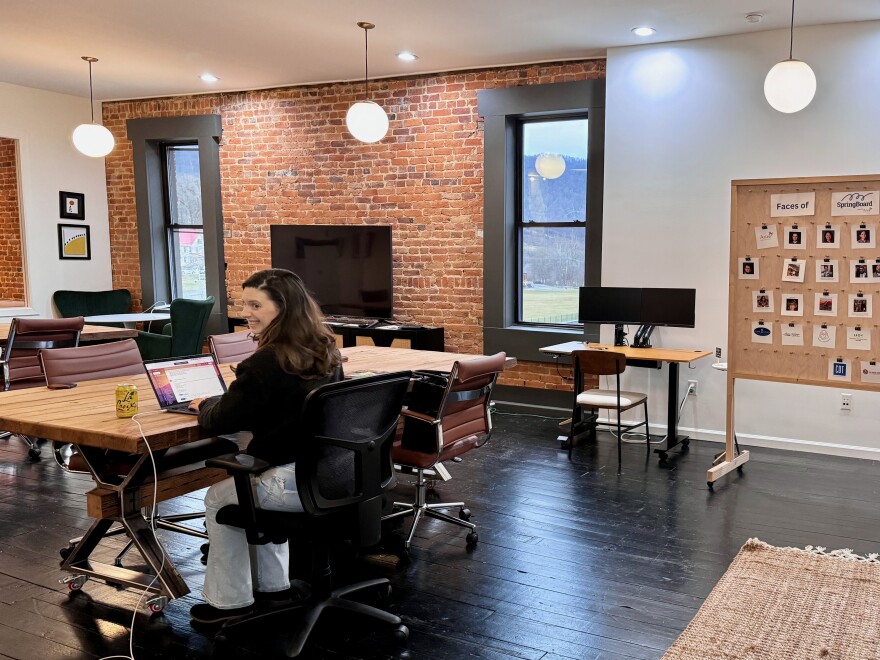 Kathleen Ammon sits at one of the tables in the SpringBoard coworking space in Bellefonte.