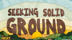 An illustration of a sun rising over the horizon of a farm. Large brown letters in the sky spell "Seeking Solid Ground." "The Next Harvest" is written in yellow text on the lefthand corner. The KBIA logo is in white in the right corner. 