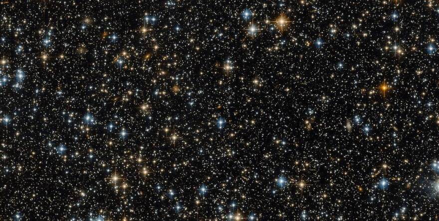 This image was captured by the NASA/ESA Hubble Space Telescope’s Advanced Camera for Surveys (ACS), a highly efficient wide-field camera covering the optical and near-infrared parts of the spectrum. While this lovely image contains hundreds of distant stars and galaxies, one vital thing is missing — the object Hubble was actually studying at the time! This is not because the target has disappeared. The ACS actually uses two detectors: the first captures the object being studied — in this case an open star cluster known as NGC 299 — while the other detector images the patch of space just ‘beneath’ it. This is what can be seen here. Technically, this picture is merely a sidekick of the actual object of interest — but space is bursting with activity, and this field of bright celestial bodies offers plenty of interest on its own. It may initially seem to show just stars, but a closer look reveals many of these tiny objects to be galaxies. The spiral galaxies have arms curving out from a bright centre. The fuzzier, less clearly shaped galaxies might be ellipticals. Some of these galaxies contain millions and millions of stars, but are so distant that all of their starry residents are contained within just a small pinprick of light that appears to be the same size as a single star! The bright blue dots are very hot stars, sometimes distorted into crosses by the struts supporting Hubble’s secondary mirror. The redder dots are cooler stars, possibly in the red giant phase when a dying star cools and expands.