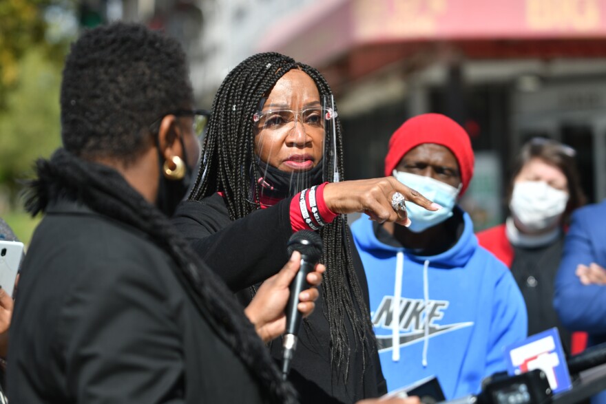 Gwendolyn Grant, President and CEO of the Urban League of Greater Kansas City, calls for the firing of Rick Smith and the officer who kneeled on a pregnant woman's back during an arrest Thursday night at the intersection of Prospect Avenue and 35th Street.