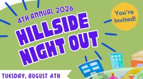 Poster for "Hillside Night Out"; purple text with a green background and an illustration of people holding hands in a green city space