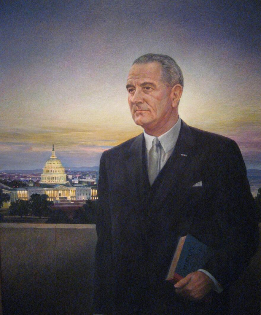The portrait of LBJ by Peter Hurd with Capitol Hill in the background.