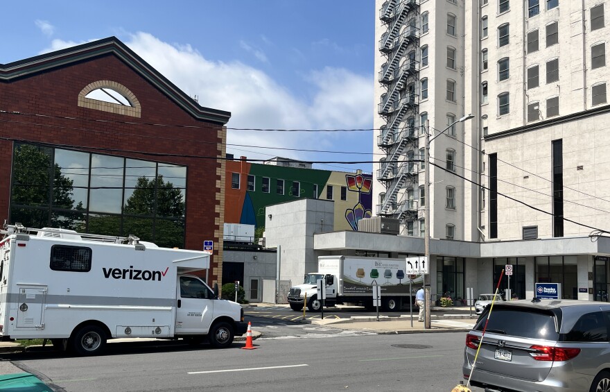 A snippet of the large-scale mural honoring the Lenape people in Scranton, can be seen from Biden Street.
