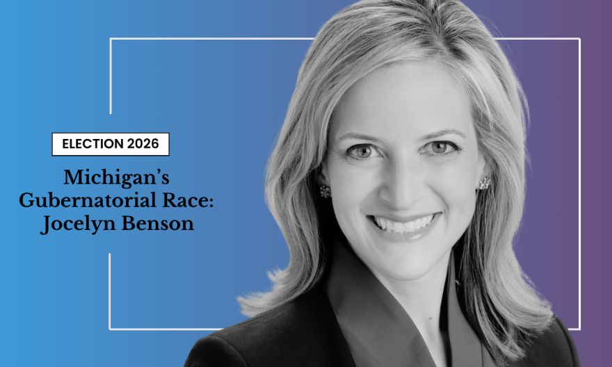 Joceyln Benson smiles in a black and white photo, with text reading “Michigan’s Gubernatorial Race: Jocelyn Benson, Election 2026” on a blue gradient background.