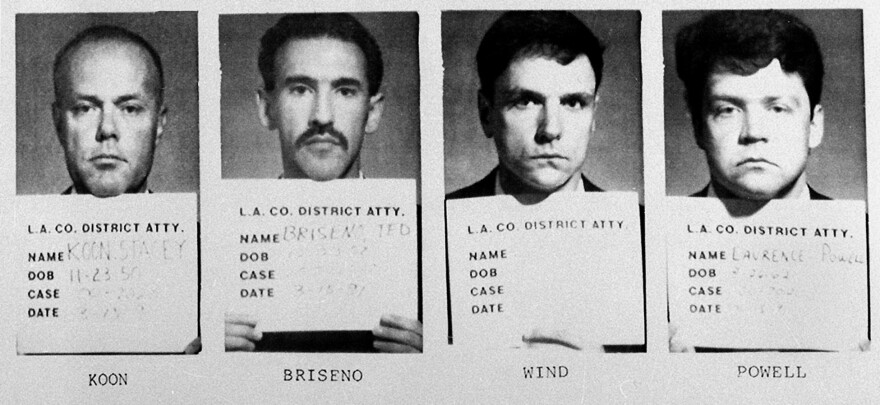 The four police officers indicted for brutalizing black motorist Rodney King in a videotaped attack are shown in these police mug shots taken March 14, 1991. From left, Sgt. Stacey C. Koon, Officer Theodore J. Briseno, Officer Timothy E. Wind and Officer Laurence Powell. Two served time in prison and all four lost their careers.