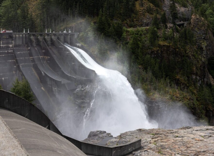 Water rushing through a dam.