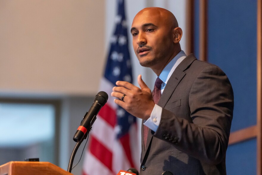 U.S. Rep. Shomari Figures speaks to the Montgomery Regional Chamber of Commerce as he campaigns for relection.