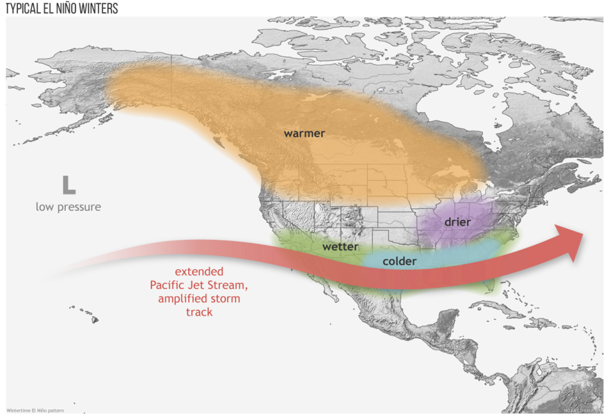 A graphic showing the general regional impacts of El Niño in North America.