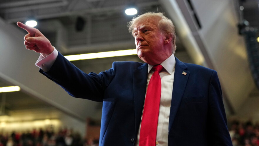 President Donald Trump departs after speaking during a campaign rally at McMorran Place Sports and Entertainment Center, Sunday, Oct. 25, 2026, in Port Huron, Mich.