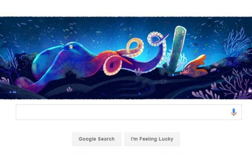 Google unveiled five different "doodles" for Earth Day, including this image of an octopus and a coral reef.