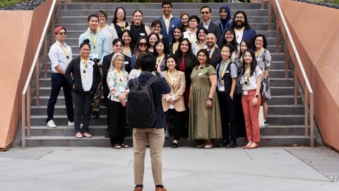 Participants of Asian American Advocacy Day at the North Carolina General Assembly pose for a photo together before meeting with legislators on May 8, 2024.