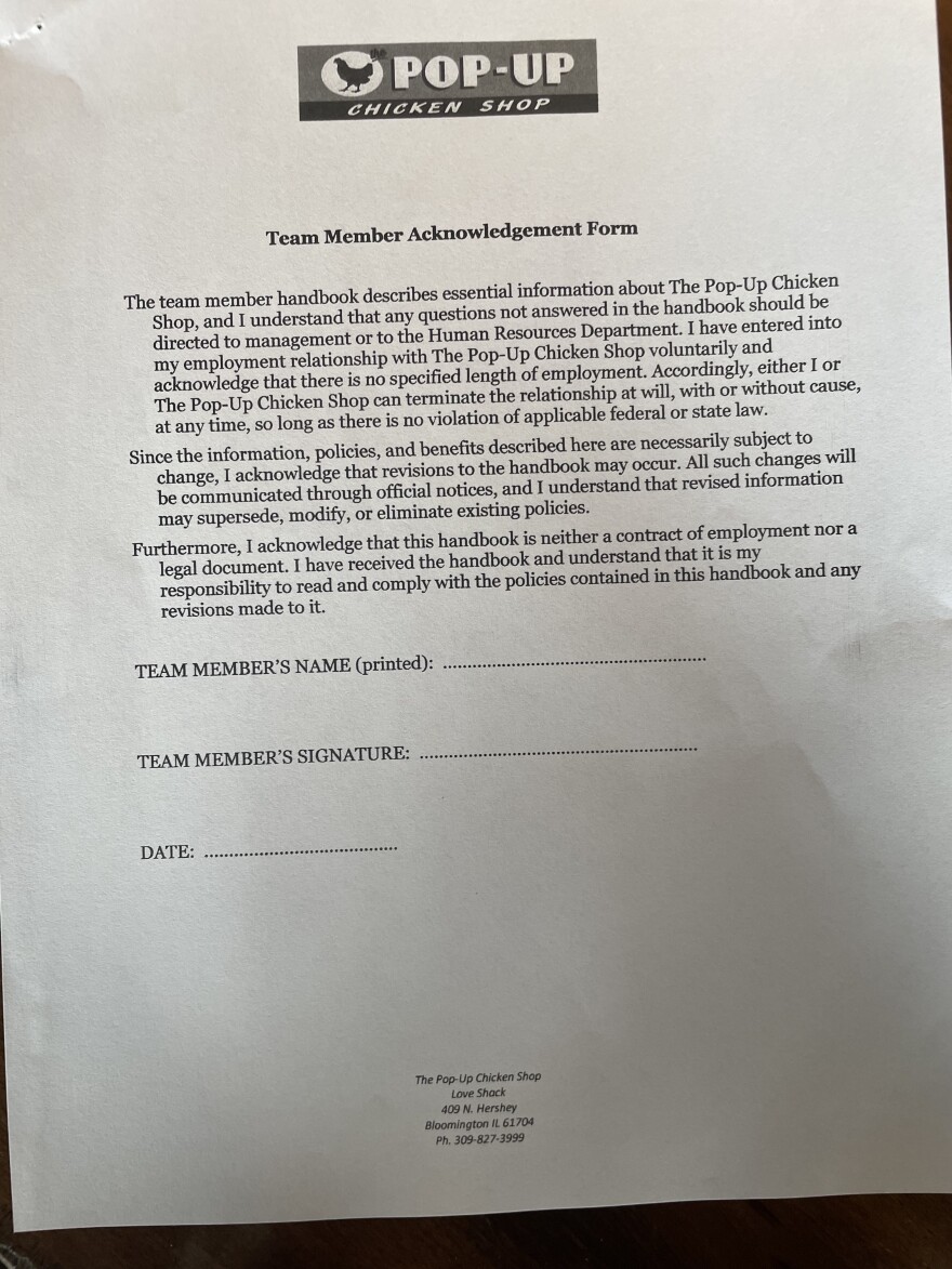  The handbook is on white printer paper, and explains how it is not a legal contract and can be changed. 