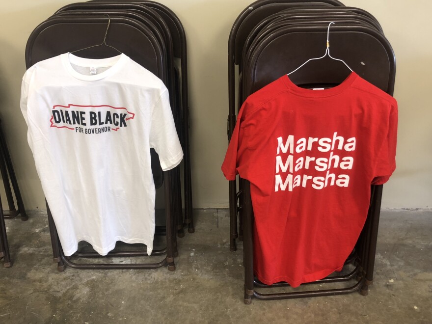 Campaign swag for Tennessee Reps. Diane Black and Marsha Blackburn is on display at the Shelby County Republican Party headquarters.