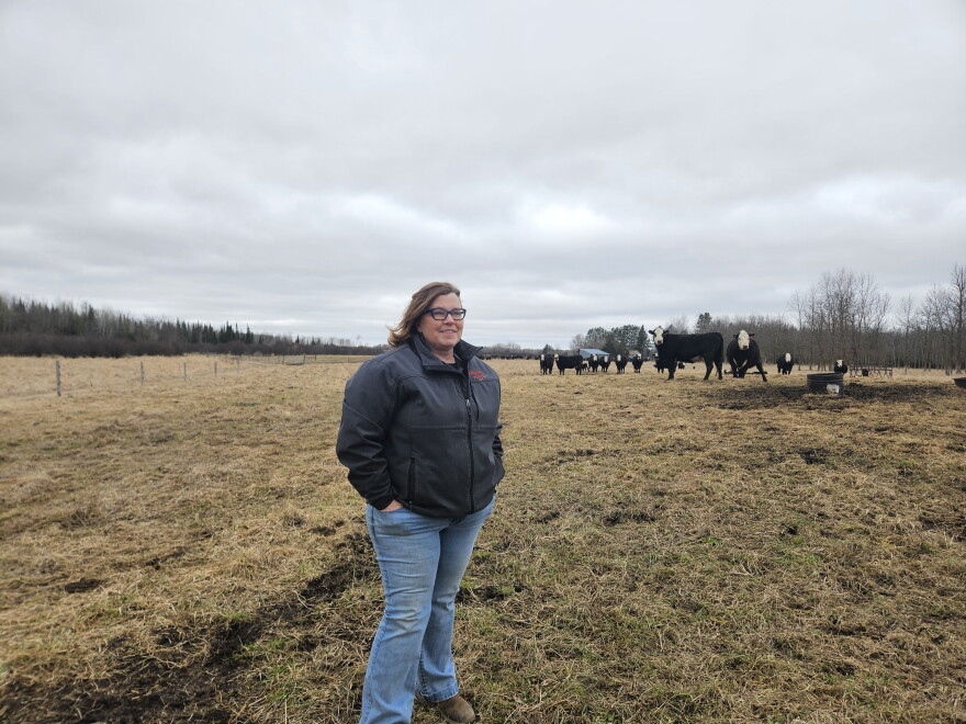 Rachel Gray stands on one of the pastures at Little Timber Farms north of Blackduck on April 18, 2025.