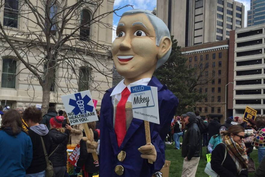 A Mike Pence costume at the women's rights rally at the Indiana Statehouse Saturday, April 9.