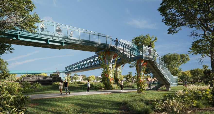 An initial design for a proposed pedestrian bridge that would cross the Norfolk Southern railroad tracks to connect West Ghent with Lambert's Point.