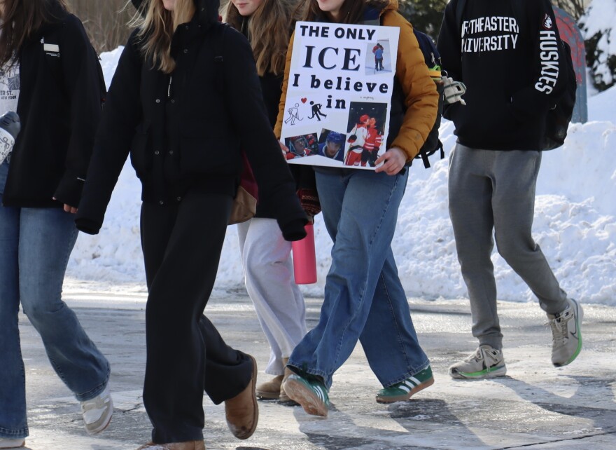 A "Heated Rivalry" themed sign carried by a Concord High School student during a student-led walkout to protest federal Immigration and Customs Enforcement.