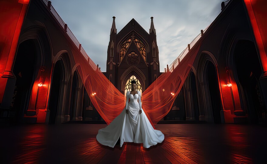 A women wearing a white dress stands in front of a church 