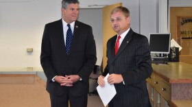 Tazewell County Clerk John Ackerman, right, shows Congressman Darin Lahood the remodeling projects the clerk's office will undergo. It's an effort to improve the physical security of voter information.