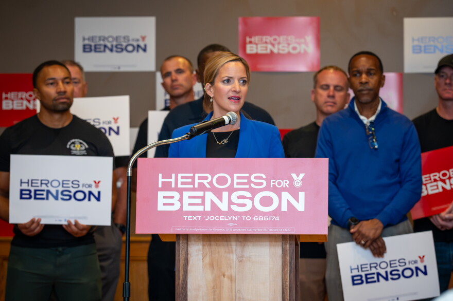 Jocelyn Benson, the Democratic candidate for Michigan governor, speaks at an event where she was endorsed by several veterans and emergency workers. Republican John James, her leading opponent, also boats endorsements by key groups representing first responders.
