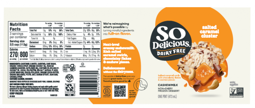 The recalled salted caramel product is packaged in pint containers. No other So Delicious Dairy Free codes, flavors, or products are affected.