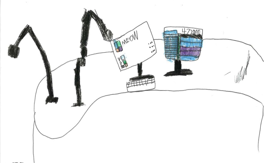 Bert Reitman's art titled, "It's Alright Ma, It's Only Mewsic," crayon and marker on paper. Current WUWM General Manager David Lee says, "this piece captures the delicate balance between nostalgia and the future — a vision of a radio studio, lovingly interpreted through the eyes of a grandchild."