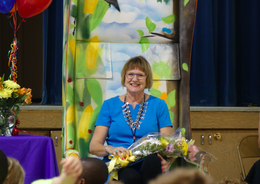 Kathleen Rauth sits during the '2018 Teacher of the Year" celebration for her at Center for Inquiry School 27.