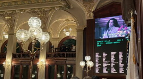 A wide view of the Illinois House, including a voting screen in the distance.