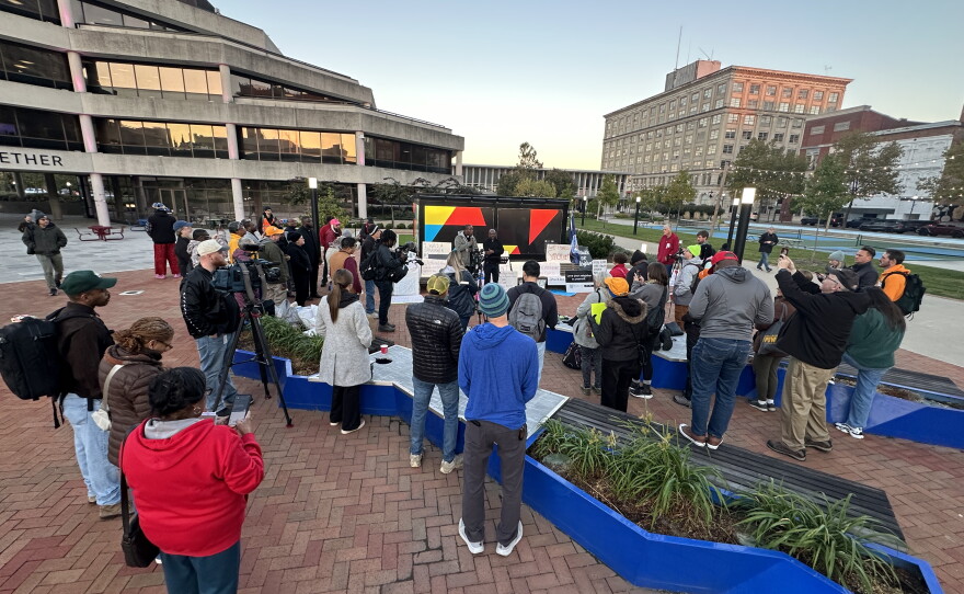 Pastors and other social advocates gather in Springfield's City Plaza on October 21, 2026. They prepared for a 40-miles march to Columbus advocating for permanent protection for Haitian immigrants in Springfield and across Ohio.