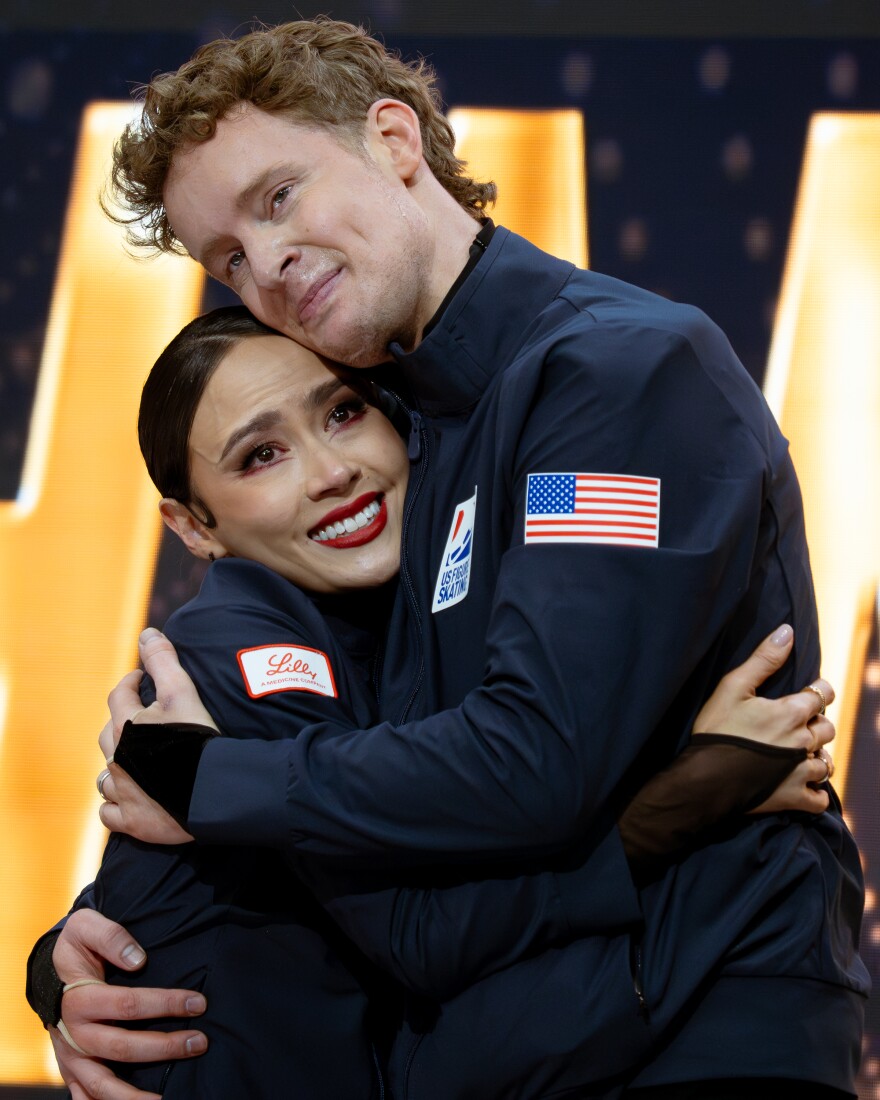 Madison Chock and Evan Bates embrace after winning gold in ice dance at the 2026 U.S. Figure Skating Championships on Saturday, Jan. 10, 2026, at the Enterprise Center in St. Louis’ Downtown West neighborhood.
