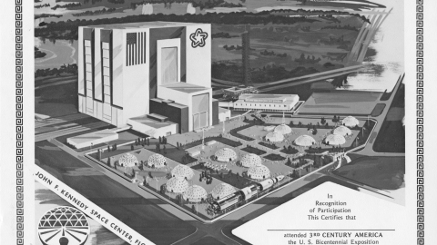 A certificate showing an aerial view of the Kennedy Space Center’s “Third-Century America” Exposition.