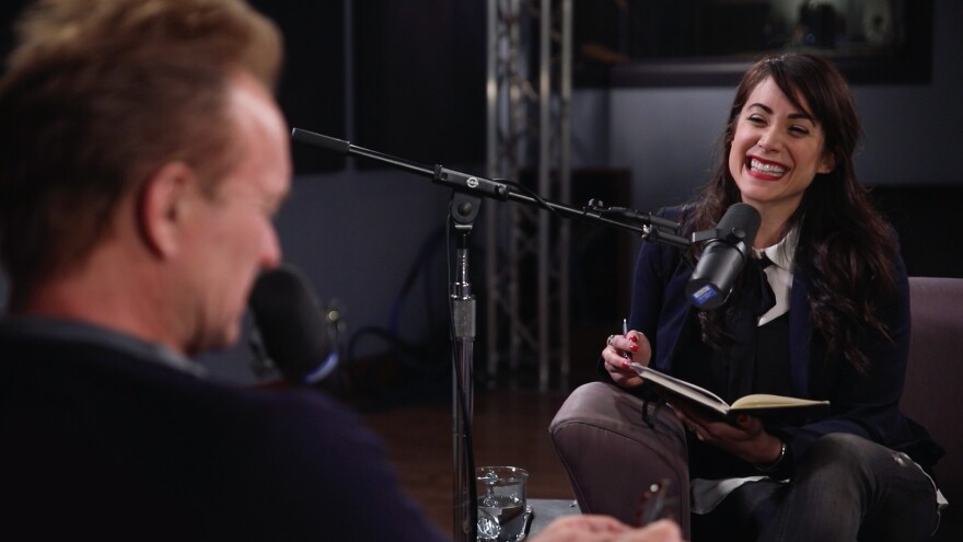 Talia Schlanger interviewing Sting inside the <em>World Cafe</em> Performance Studio.