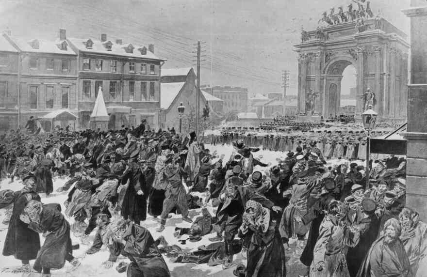 An illustration of Bloody Sunday, a massacre that occurred outside the Tzar's palace in 1905.