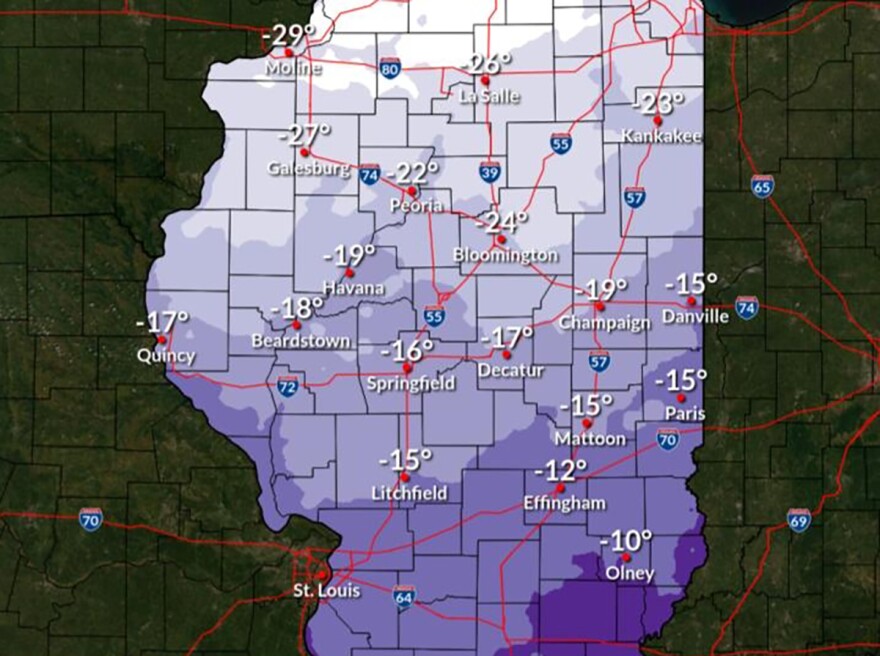 A map showing bitter cold temperatures coming Thursday night into Friday in Central Illinois
