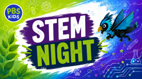 PBS Kids poster for "STEM Night," featuring a colorful background with science-themed icons, a mechanical bird illustration, and vibrant greens and blues.